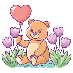 Fototapeta premium Cute Cartoon Teddy Bear Holding a Heart Balloon Among Tulips Illustration