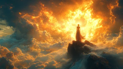 Handdoek met foto Meisjeskamer A mystical figure stands on a mountaintop surrounded by glowing clouds and fiery sky, evoking fantasy, power, and celestial wonder.   © PixelFusion Creation