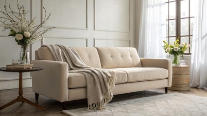 A cozy living room featuring a light beige sofa, a decorative throw, a side table, and fresh flowers by the window, highlighting a warm and inviting atmosphere.