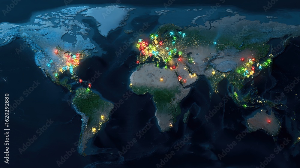 Poster global network of activity: an illuminated world map, displaying a dense network of digital points, 