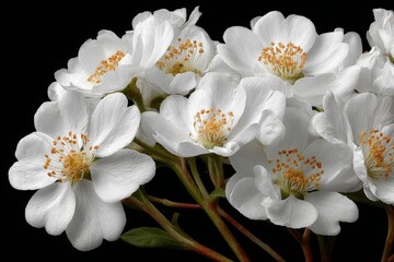 Beautiful white blossoms with yellow stamens displayed against a dark background in artistic composition