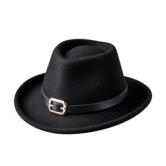 Stylish black felt hat with a sleek leather band and buckle detail