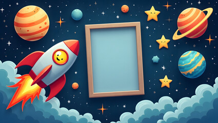 Whimsical Cartoon Space Scene with Rocket, Planets, and Stars – Customizable Blank Frame Template for Creative Kids' Projects and Personalized Imagery