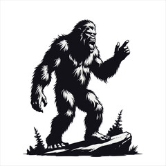 A Powerful Bigfoot or Sasquatch Silhouette Standing on a Rock with Pine Trees, Pointing and Roaring, Depicting a Cryptid or Mythical Creature in a Forest Setting.