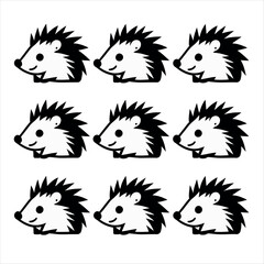 A Set of Nine Cute Black and White Hedgehog Icons or Silhouettes with Simple Faces