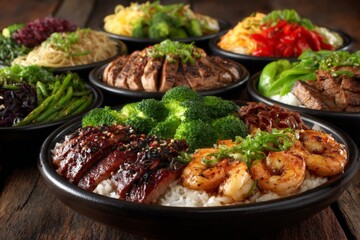 Fototapeta premium Delicious Asian-inspired meal featuring various dishes with shrimp, vegetables, and rice served on wooden table