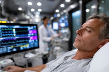 A man peacefully rests in a medical facility, surrounded by advanced health monitoring equipment, representing the intersection of technology and patient care in modern medicine.