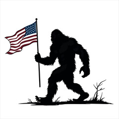 A Silhouette of Bigfoot or Sasquatch Walking and Waving an American Flag, with Subtle Grass and Branches on the Ground, Ideal for Patriotic or Cryptid-Themed Designs.