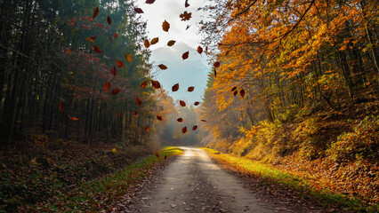 Autumn Path with Falling Leaves in Golden Forest Scenic Landscape