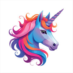 A Beautiful and Colorful Unicorn Head with a Pink and Orange Mane, a Purple Horn, and Blue Skin Tones, Isolated on a White Background