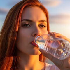 Red-haired woman drinks water from a bottle while looking at the camera, bathed in warm sunset light with soft background and empty space for copy.
