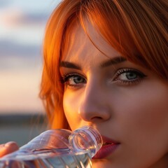 Red-haired woman drinks water from a bottle while looking at the camera, bathed in warm sunset light with soft background and empty space for copy.