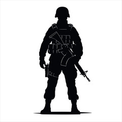 Armed military soldier in camouflage uniform with a rifle, isolated on white