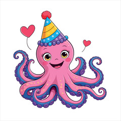 A Cute Pink Octopus Cartoon Character Wearing a Colorful Party Hat, Surrounded by Red Heart Balloons, on a White Background