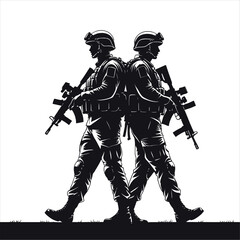 Two Military Soldiers Standing Back-to-Back with Rifles, Represented as Detailed Silhouettes in a Black and White Vector Illustration