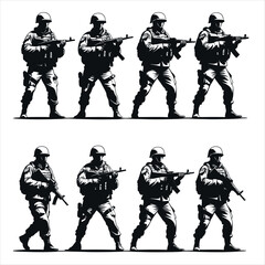 Combat military soldiers in action with weapons and armor