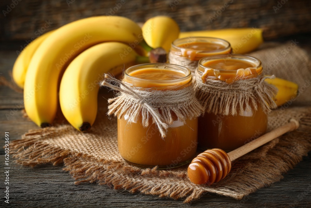 Poster homemade banana caramel spread in jars with fresh bananas and honey on a rustic table