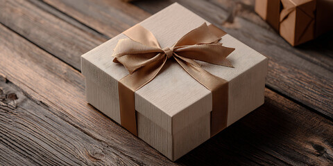Gift Box with Golden Ribbon on Wooden Surface

