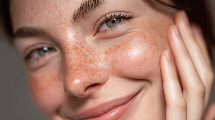 Young person with radiant cheeks and clear skin smiling gently, showing natural freckles and healthy complexion in close up portrait with soft lighting and relaxed expression