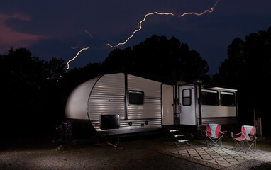Lightning striking behind a camper