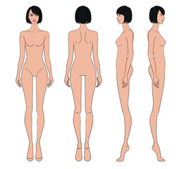 Fototapeta premium Colored fashion croquis figurines front side back view with tan skin short bob hair woman in vector.