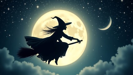 Witch Silhouette Flying on Broomstick in Front of Full Moon – Halloween Night Magic Scene
