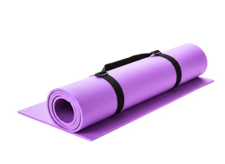 Rolled up purple yoga mat with black straps isolated on transparent background