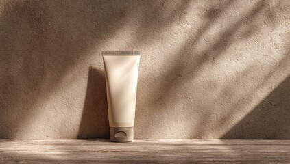 Beige cosmetic tube sits on a rustic wooden surface against a textured beige wall with dappled sunlight