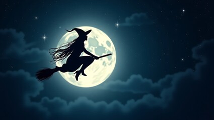 Witch Silhouette Flying on Broomstick in Front of Full Moon – Halloween Night Magic Scene
