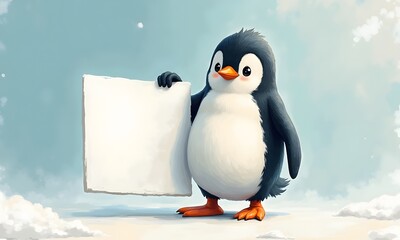Obraz premium Chubby cartoon penguin holding blank white sign against snowy light blue sky