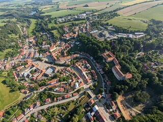 Brtnice town and historic castle aerial panorama in Vysocina region, Bohemia Czech republic