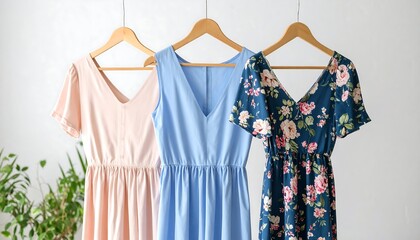 Three summer dresses hang on wooden hangers against a white wall