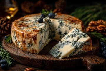 Delicious blue cheese with a wedge cut on a rustic wooden board amidst pine cones and greenery