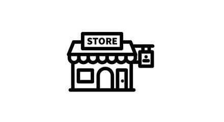 A simple black and white line drawing of a store front with a sign and hanging sign icon store