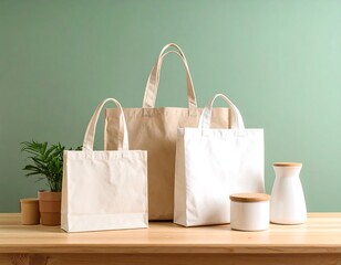 Three tote bags, varying sizes and colors, sit on a wooden table with pottery and a plant