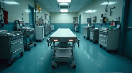 Eerie perspective of an empty hospital corridor with a central gurney showcasing medical equipment