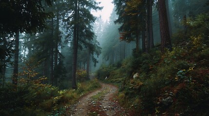 Obraz premium Misty Forest Path in Dense Green Woodland with Tall Trees and Foggy Atmosphere