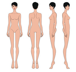 Fototapeta premium Colored fashion croquis figurines front side back view with tan skin short hair woman in vector.