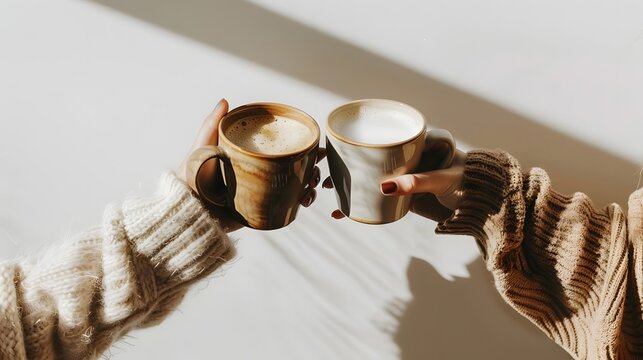 Two hands clinking coffee mugs in a cozy setting with soft sunlight streaming through
