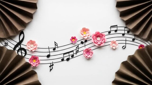 Musical Harmony: Delicate pink blossoms grace a musical score amidst artistic paper fans, evoking the fusion of melody and beauty, creating a visually enchanting experience.