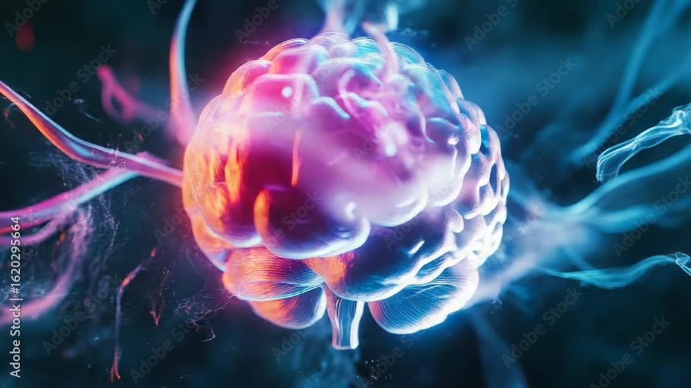 Poster human brain glowing with data flowing through neural network