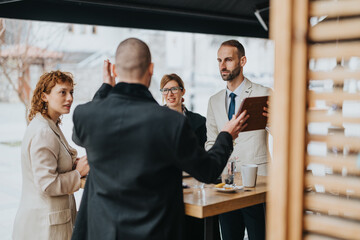 A scene featuring businesspeople engaged in a dynamic outdoor meeting. Participants discuss...