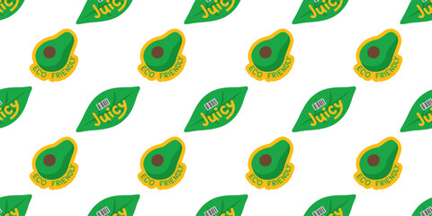 Seamless pattern of avocado and leaf fruit stickers with eco and juicy text. Bright retro style labels for healthy food, organic products, vegan themes, and natural produce branding.