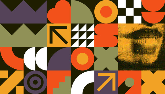 Abstract geometric vector illustration with bold shapes, halftone texture, and retro color palette. Perfect for modern art, posters, branding, and creative design projects.