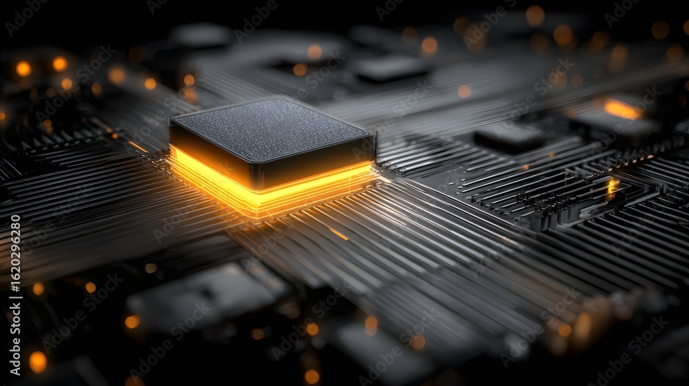 Poster close-up view of a glowing circuit board with a central component.
