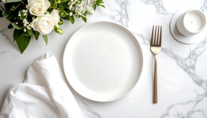 Sophisticated dining concept with an empty white plate, fork, and roses on a marble table. Elegant flat lay for a special event.