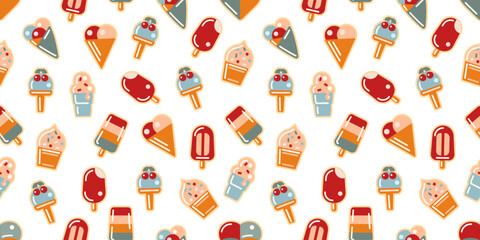 Colorful Seamless vector pattern with various ice cream and popsicle icons in retro palette. Frozen treats. Perfect for summer decor, kids designs, wrapping paper, packaging and textile
