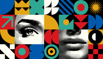 Pop art style collage featuring fragmented facial features with eye, mouth in halftone dots, surrounded by bold geometric shapes in vibrant primary and secondary colors on a black background.