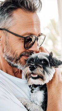 Caucasian man holding small dog while smiling outdoors in sunlight  