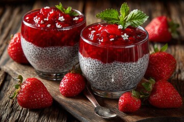 Delicious chia seed pudding topped with fresh strawberries and berry compote served on a wooden table